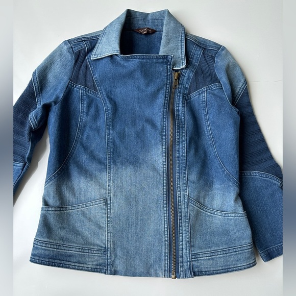 Multiples Blue Denim Knit Moto Zip Front Stretch Jean Jacket Women’s Size Small - Picture 4 of 9